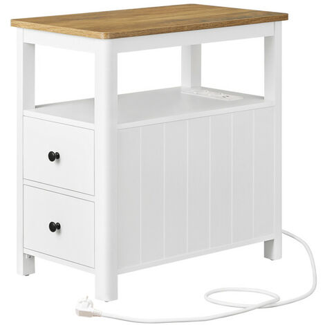 Vasagle – Table de chevet avec multiprise – 2 tiroirs – 60 x 35 x 60,4 cm – Panneau d’aggloméré et MDF – Marron chêne et blanc – Pour petits espaces