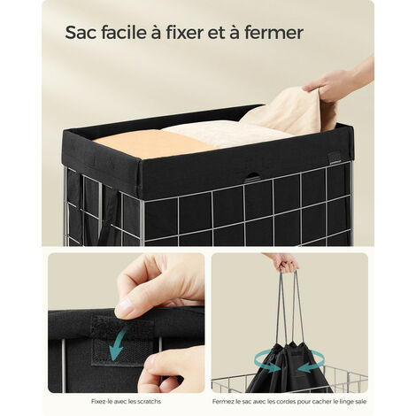 Panier à Linge Sale SONGMICS 90L - Pliable, Sac Amovible Lavable - Noir Et Blanc, Pour Buanderie