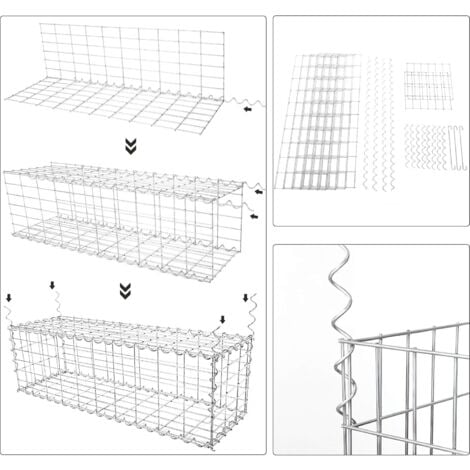 Lot de 4, Gabion pour Pierre, 100x30x30cm, Cage en Métal, cloture gabion, Panier à Pierre, Maille 5 x 10 cm, Galvanisé, Mur, Paterre, Décoration de Jardin, Argent