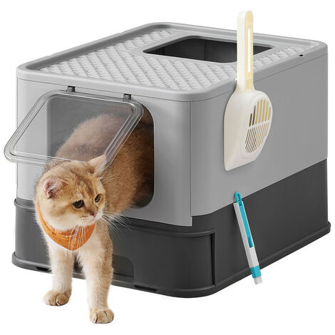 Bac à Litière Fermé pour Chat, Maison de Toilette, Plateau Amovible, Pelle, Brosse, pour Grand Chat, Capacité de Charge 15 kg, Anti-Traces, Anti-fuites, Gris Anthracite et Gris Tourterelle
