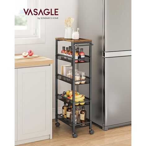 VASAGLE Desserte 5 Niveaux, Étagère de Cuisine Fin avec Roulettes, Cadre en Acier, Poignée, Petit Espace, Salle de Bain, Salon, Bureau, Marron
