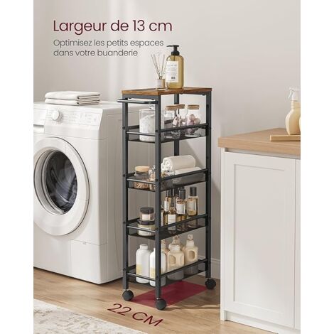 VASAGLE Desserte 5 Niveaux, Étagère de Cuisine Fin avec Roulettes, Cadre en Acier, Poignée, Petit Espace, Salle de Bain, Salon, Bureau, Marron
