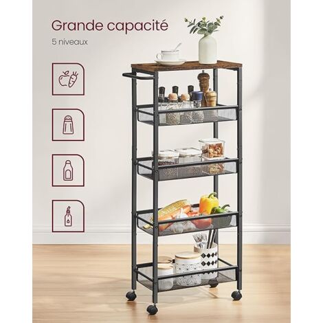 VASAGLE Desserte 5 Niveaux, Étagère de Cuisine Fin avec Roulettes, Cadre en Acier, Poignée, Petit Espace, Salle de Bain, Salon, Bureau, Marron