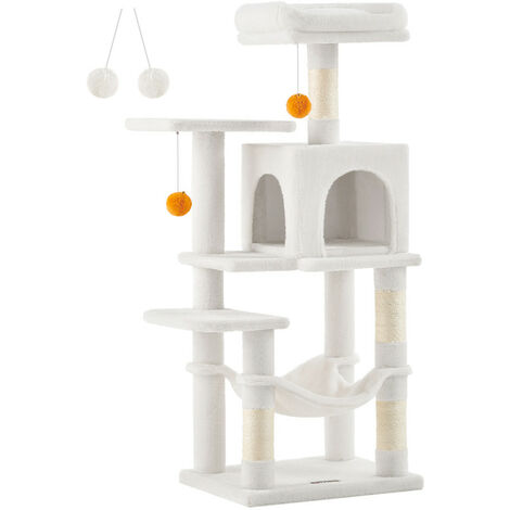 Feandrea – Arbre à chat multi-niveaux 112 cm – 4 poteaux à griffer en sisal – 2 plateformes et 1 niche en tissu peluche – 2 pompons inclus – Blanc crème