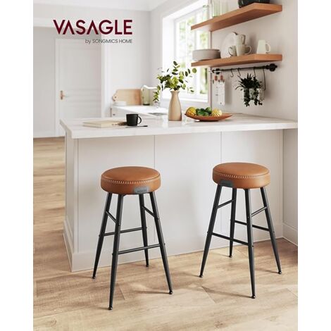 Collection Echo Tabouret de Bar, Lot de 2, Chaise de Cuisine, Siège Haut, en PU avec Coutures, Hauteur Assise 63 cm, pour Cuisine, Bar à Domicile, Montage Facile, Marron Caramel