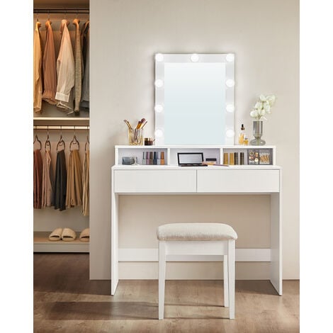 Coiffeuse, Miroir LED, avec Miroir, 2 Tiroirs et 3 Compartiments, Sans  tabouret, Style Moderne, Blanc
