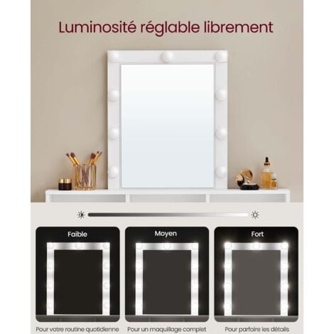 Coiffeuse avec Miroir LED, 2 Tiroirs et 3 Compartiments, SANS TABOURET, 100 x 40 x 145 cm, Style Moderne, Blanc