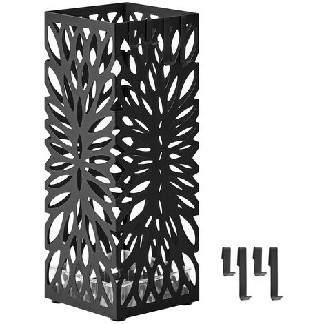 Porte-parapluies, Support pour Parapluies d’Entrée, Carré, en Acier, Organisateur sur Pieds, pour Parapluies et Cannes, avec Réceptacle d’Eau Amovible, 4 Crochets, Noir