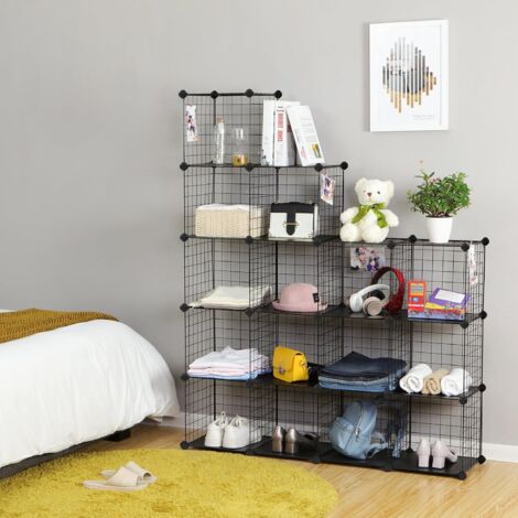 16 Cubes de Rangement en Treillis Metallique, Placard, Armoire avec Étageres Modulaires, Noir LPI44H