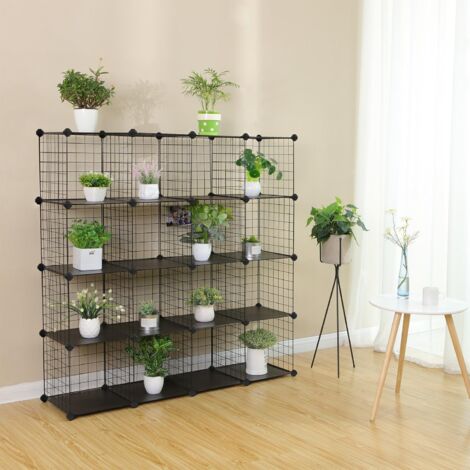 16 Cubes de Rangement en Treillis Metallique, Placard, Armoire avec Étageres Modulaires, Noir LPI44H