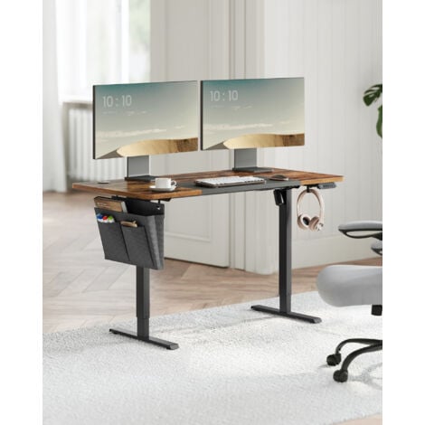 Bureau Assis Debout Électrique, 60 x 120 x (72-120) cm, Table Réglable en Hauteur, Mémoire 4 Hauteurs, Pochette, Cadre en Acier, Dessus Épais, Marron Rustique et Noir Pur