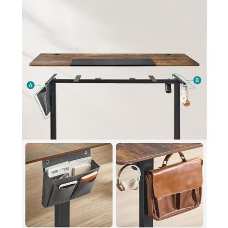 Bureau Assis Debout Électrique, 60 x 120 x (72-120) cm, Table Réglable en Hauteur, Mémoire 4 Hauteurs, Pochette, Cadre en Acier, Dessus Épais, Marron Rustique et Noir Pur