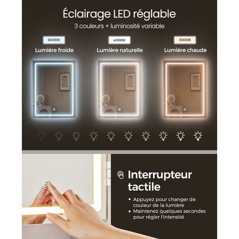 Coiffeuse, Grand Miroir LED, 7 compartiments ouverts, 6 tiroirs, Étagères Réglables, 40 x 117,5 x 145 cm (P x L x H), Moderne, Blanc Nuage