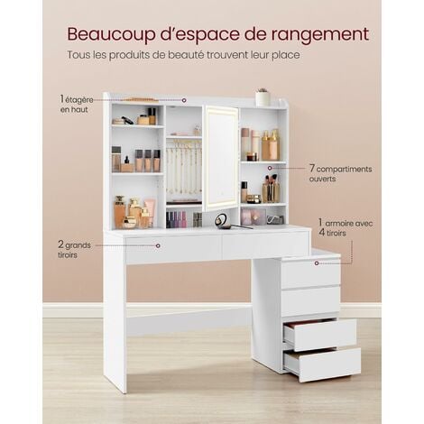 Coiffeuse, Grand Miroir LED, 7 compartiments ouverts, 6 tiroirs, Étagères Réglables, 40 x 117,5 x 145 cm (P x L x H), Moderne, Blanc Nuage
