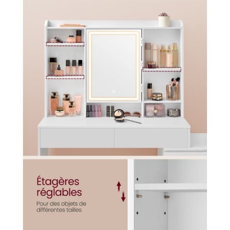 Coiffeuse, Grand Miroir LED, 7 compartiments ouverts, 6 tiroirs, Étagères Réglables, 40 x 117,5 x 145 cm (P x L x H), Moderne, Blanc Nuage