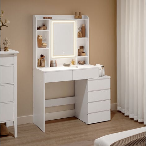 Coiffeuse Lazyspace avec grand miroir, tiroir et 4 étagères