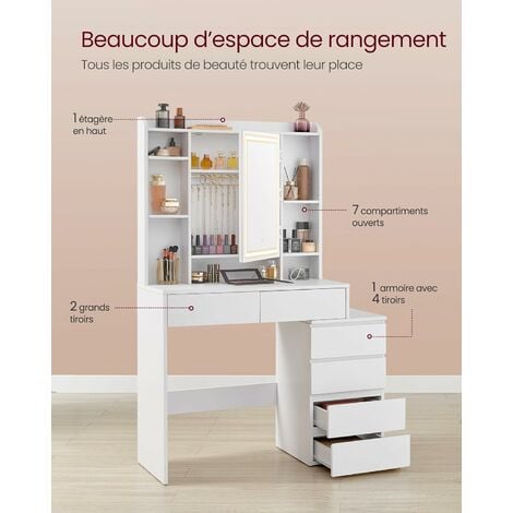 Coiffeuse, Grand Miroir LED,7 compartiments ouverts, 6 tiroirs, Étagères Réglables, 40 x 97,5 x 145 cm (P x L x H), Moderne, Blanc Nuage