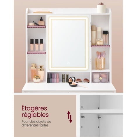 Coiffeuse, Grand Miroir LED,7 compartiments ouverts, 6 tiroirs, Étagères Réglables, 40 x 97,5 x 145 cm (P x L x H), Moderne, Blanc Nuage
