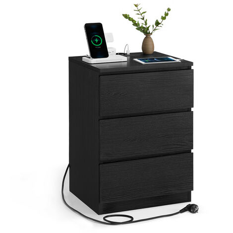 Vasagle – Table de chevet moderne noir boisé – 3 tiroirs avec façades biseautées – Multiprise 2 prises CA et 2 ports USB – Dimensions 35x40x59 cm