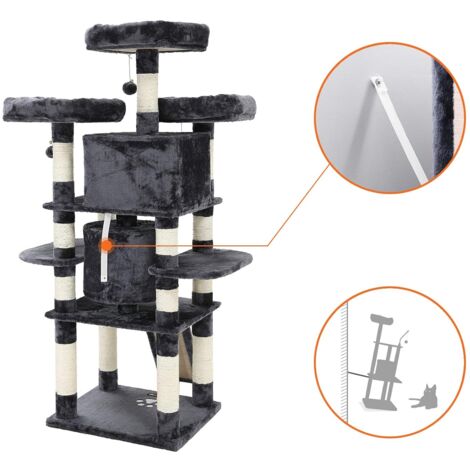 FEANDREA Arbre à Chat, avec 3 Plate-Formes d’Observation, 2 Grottes, Troncs épais en sisal, Planche à griffer, Stable, Hauteur 172cm, Gris foncé PCT18GYZ