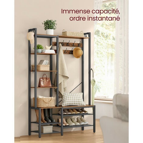 Porte-Manteau, Meuble d’Entrée, avec Porte-Chaussures, 5 Étagères de Rangement, 9 Patères et 6 Crochets Latéraux, 40 x 120 x 190 cm, Marron Rustique et Noir d’Encre