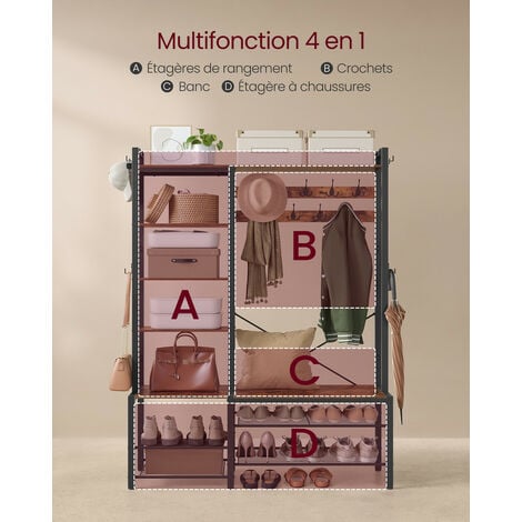 Porte-Manteau, Meuble d’Entrée, avec Porte-Chaussures, 5 Étagères de Rangement, 9 Patères et 6 Crochets Latéraux, 40 x 120 x 190 cm, Marron Rustique et Noir d’Encre