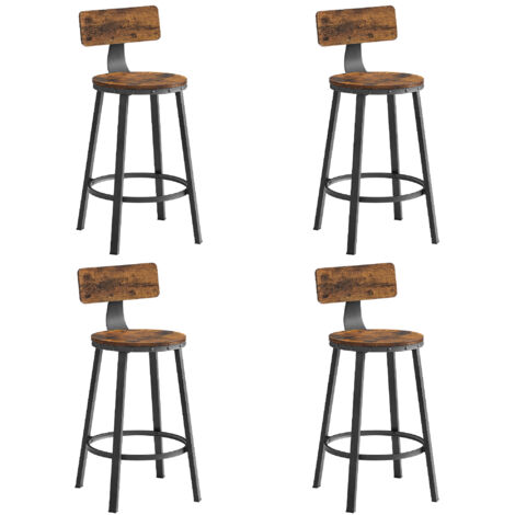 Vasagle – Lot de 4 tabourets de bar avec dossier – Hauteur d'assise 60 cm – Cadre en acier – Style industriel marron rustique et noir