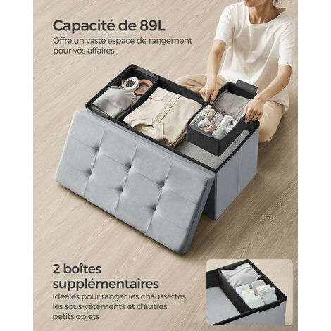 Banc Coffre De Rangement 75x75x41 Cm - Pouf Relevable Avec Repose-pieds - Charge 130 Kg - Tissu Lin Beige