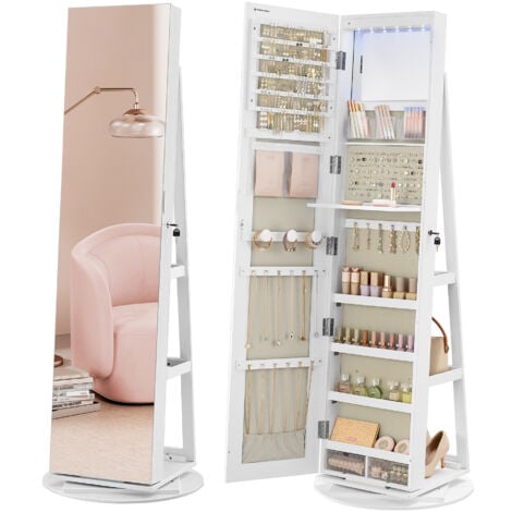 SONGMICS Armoire à Bijoux avec Miroir sur Pieds, Verrouillable, avec 6 LED, Rangement Bijoux Pivotant 360°, Miroir Psyché sans Cadre, 3 Étagères, Surface en Blanc, Doublure en Grège