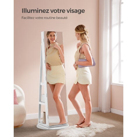 SONGMICS Armoire à Bijoux avec Miroir sur Pieds, Verrouillable, avec 6 LED, Rangement Bijoux Pivotant 360°, Miroir Psyché sans Cadre, 3 Étagères, Surface en Blanc, Doublure en Grège