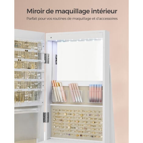 SONGMICS Armoire à Bijoux avec Miroir sur Pieds, Verrouillable, avec 6 LED, Rangement Bijoux Pivotant 360°, Miroir Psyché sans Cadre, 3 Étagères, Surface en Blanc, Doublure en Grège