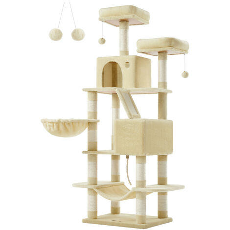 Feandrea – Arbre à chat 168 cm – 5 niveaux avec 13 griffoirs, 2 niches, 2 plate-formes, panier, hamac – Tissu peluche beige pour intérieur
