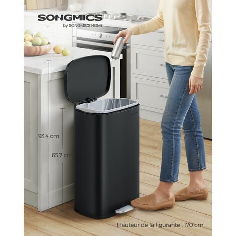 SONGMICS Poubelle Cuisine 50L, Poubelle Bureau, Fermeture en Douceur, avec Pédale, en Acier, Seau Intérieur, Noir
