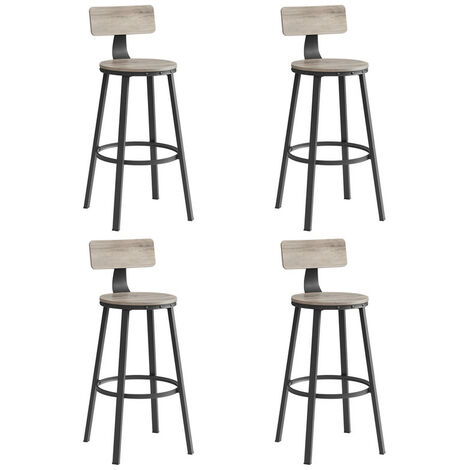 Vasagle – Lot de 4 tabourets de bar en acier noir – Hauteur d'assise 73 cm – Dossier et repose-pieds confortables – Style industriel grège