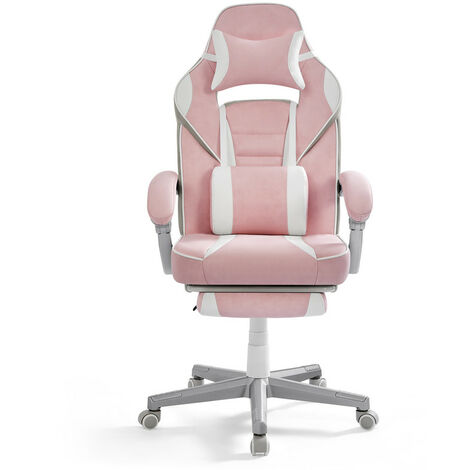 Songmics – Fauteuil de bureau ergonomique – Chaise gaming réglable avec appui-tête et repose-pieds – Support lombaire – Charge 150 kg – Rose bonbon et blanc crème (1/5)