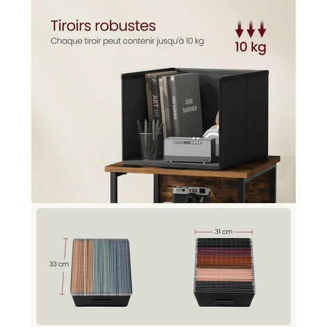 Caisson De Bureau 3 Tiroirs Avec Roulettes - Rangement Industriel Style Bois Et Noir Pour Chambre Ou Salon
