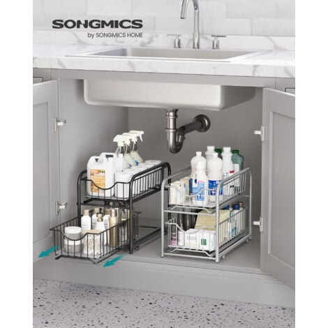 SONGMICS Organiseur de Cuisine, Étagère sous Évier, 2 Paniers Coulissants, Empilable, pour Rangement dans Placard, sous Lavabo, avec Tiroirs, pour Cuisine, Salle de bain, Argent