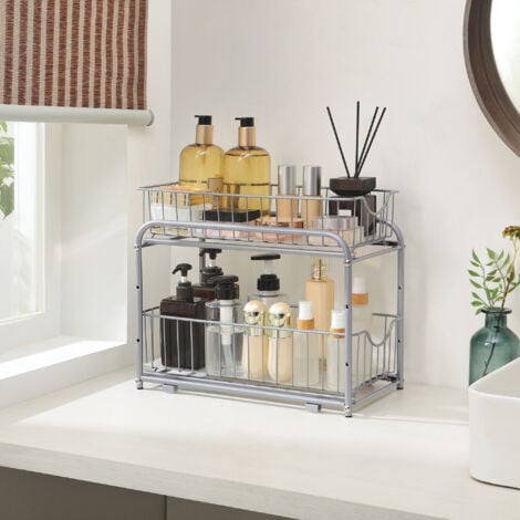 SONGMICS Organiseur de Cuisine, Étagère sous Évier, 2 Paniers Coulissants, Empilable, pour Rangement dans Placard, sous Lavabo, avec Tiroirs, pour Cuisine, Salle de bain, Argent