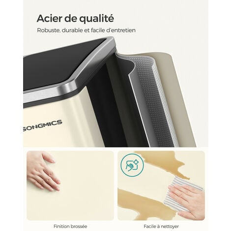 SONGMICS Poubelle Cuisine, 2 x 15L, Poubelle Tri, avec Pédale, 2 Compartiments, Seaux Intérieurs, Couvercles en Douceur, pour Petites Familles, En Acier, Beige