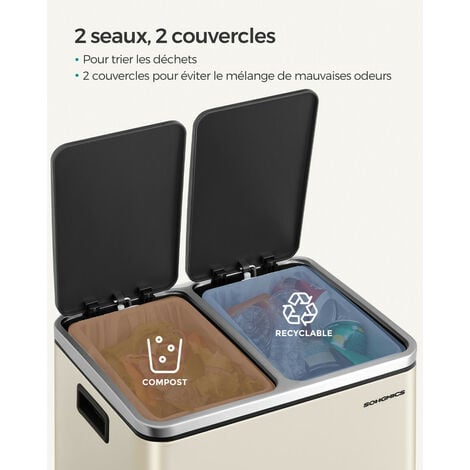 SONGMICS Poubelle Cuisine, 2 x 15L, Poubelle Tri, avec Pédale, 2 Compartiments, Seaux Intérieurs, Couvercles en Douceur, pour Petites Familles, En Acier, Beige