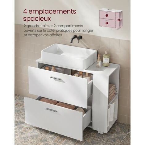 Meuble sous Lavabo avec 2 Grands Tiroirs, Rangement Ouvert Latéral Réversible, Grande Ouverture de Siphon, Montage Facile, 30 x 80 x 64 cm, Placard de Salle de Bain, Blanc Nuage