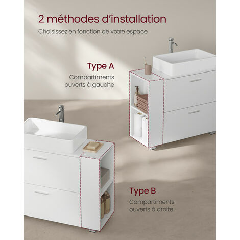 Meuble sous Lavabo avec 2 Grands Tiroirs, Rangement Ouvert Latéral Réversible, Grande Ouverture de Siphon, Montage Facile, 30 x 80 x 64 cm, Placard de Salle de Bain, Blanc Nuage