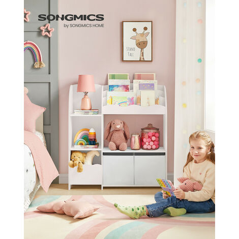 SONGMICS Étagère de Rangement pour Enfants, Bibliothèque, pour Livres et Jouets, Organisateur avec 2 Boîtes de Rangement, pour Salle de Jeux, Chambre d’Enfants, Salon, Blanc Nuage