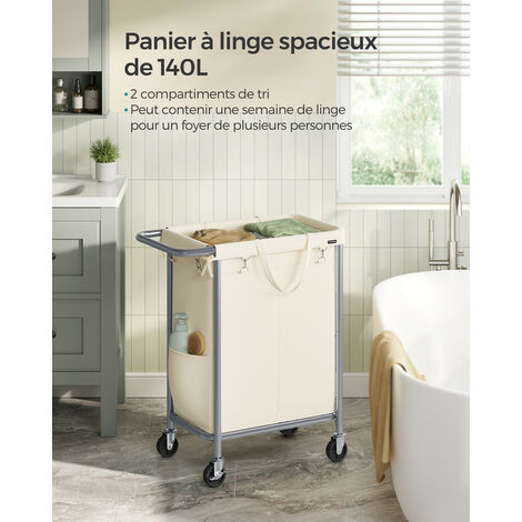 SONGMICS Panier à Linge 100L Bambou 2 Compartiments + Étagère - Blanc Crème RLH100W01