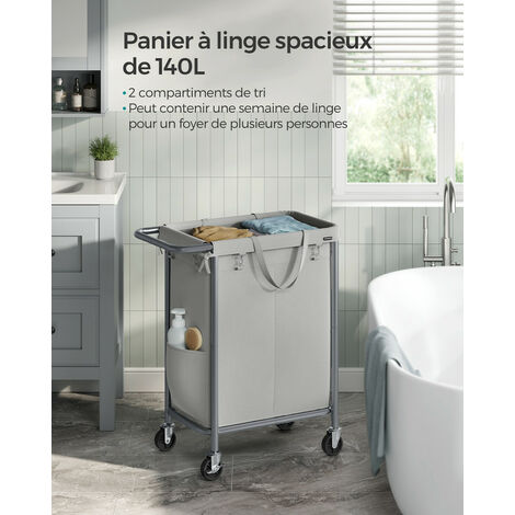 Panier à Linge 3 Compartiments SONGMICS - Chariot Roulant Avec Sacs Amovibles Gris