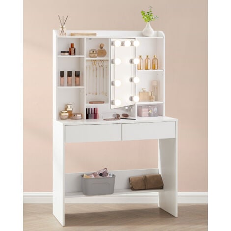 VASAGLE Coiffeuse avec 9 Lumières LED, 3 Tonalités et Luminosité Réglable, Table de Maquillage Moderne avec Miroir, Étagères Réglables, 2 Tiroirs, Blanc Nuage