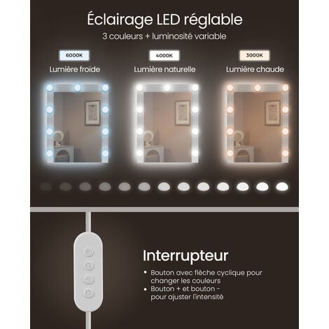 VASAGLE Coiffeuse avec 9 Lumières LED, 3 Tonalités et Luminosité Réglable, Table de Maquillage Moderne avec Miroir, Étagères Réglables, 2 Tiroirs, Blanc Nuage