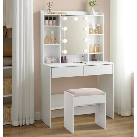 VASAGLE Coiffeuse avec 9 Lumières LED, 3 Tonalités et Luminosité Réglable, Table de Maquillage Moderne avec Miroir, Étagères Réglables, 2 Tiroirs, Blanc Nuage