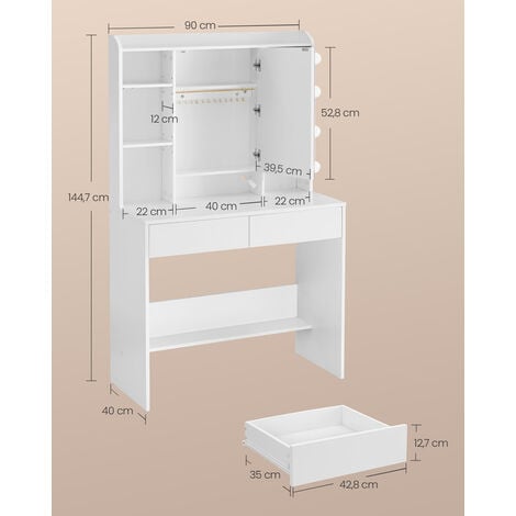 VASAGLE Coiffeuse avec 9 Lumières LED, 3 Tonalités et Luminosité Réglable, Table de Maquillage Moderne avec Miroir, Étagères Réglables, 2 Tiroirs, Blanc Nuage
