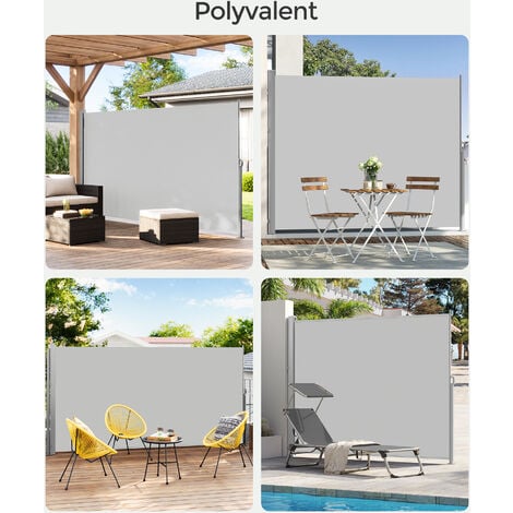 Store Latéral avec Caisson en Acier, Antirouille, Rétractable, 160 x 350 cm, Brise-vue, Protection Solaire, Opaque, Brise-vent, pour Balcon, Terrasse, Jardin, Gris Clair